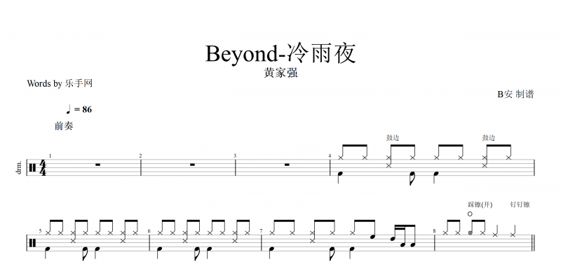 黄家驹冷雨夜鼓谱 Beyond乐队《冷雨夜》架子鼓谱爵士鼓曲谱子