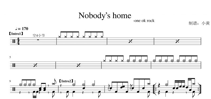 Nobody's Home鼓谱One OK Rock-Nobody's Home架子鼓谱