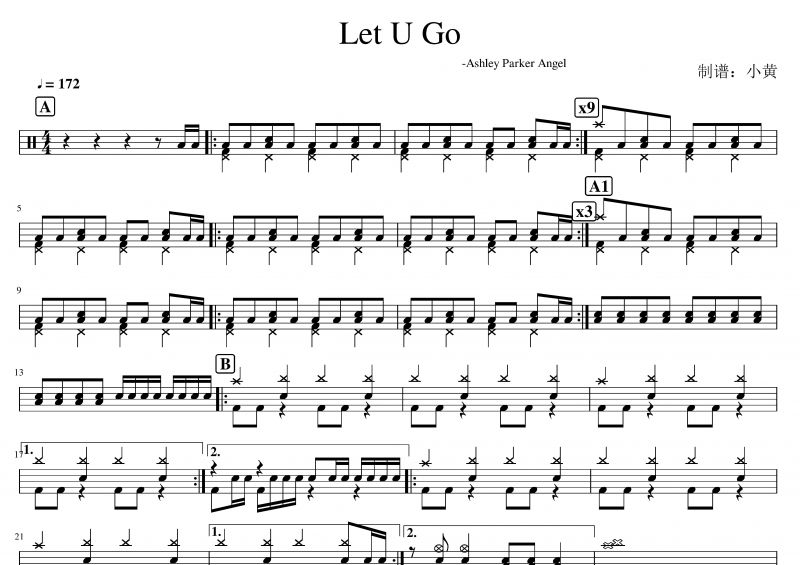 Let U Go鼓谱 Ashley Parker Angel-let you go架子鼓谱
