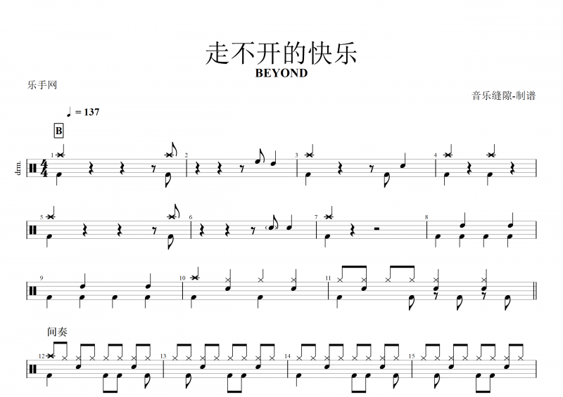 BEYOND乐队 黄家驹-走不开的快乐架子鼓谱+动态鼓谱