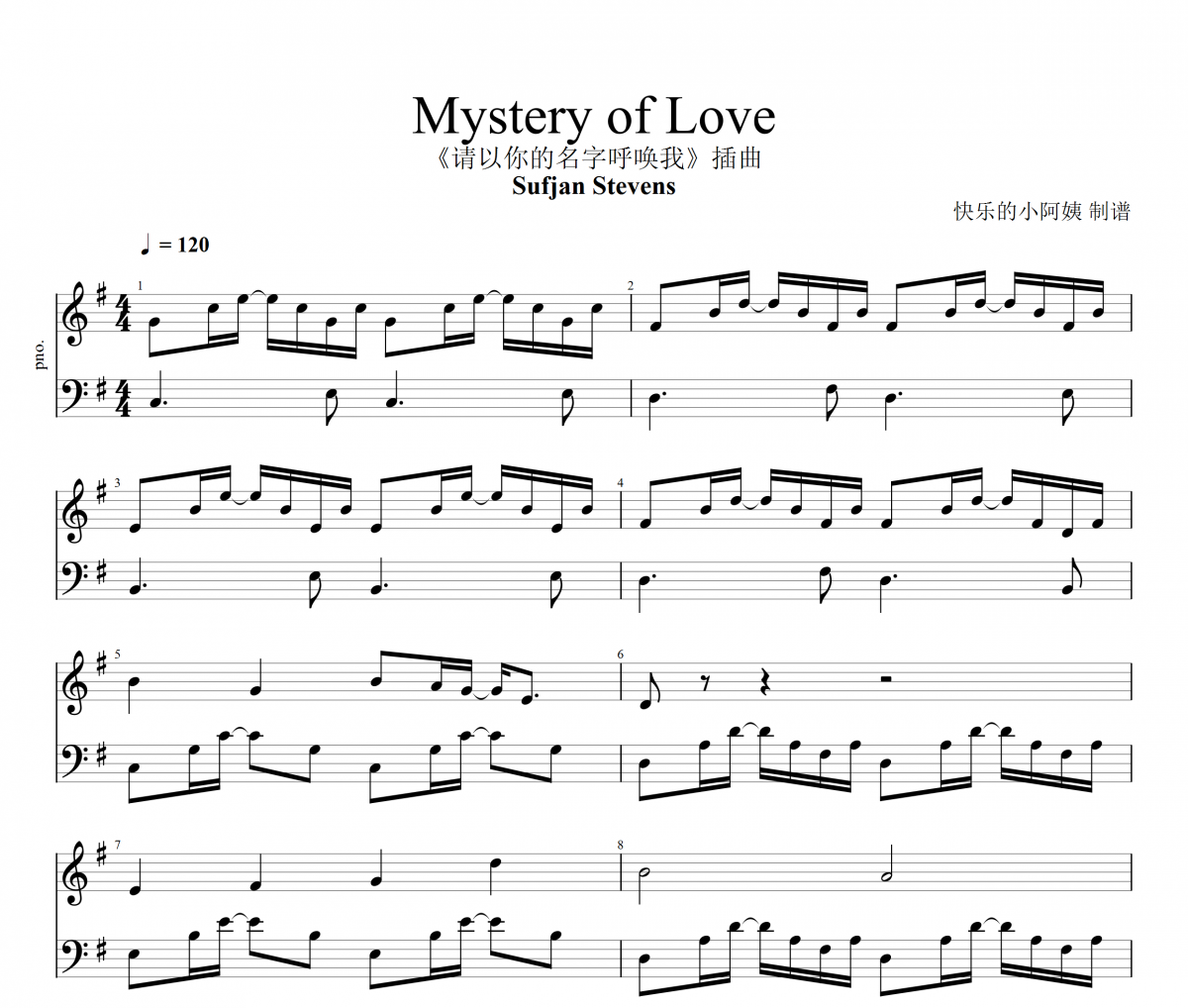 Mystery of Love钢琴谱 Sufjan Stevens-Mystery of Love五线谱