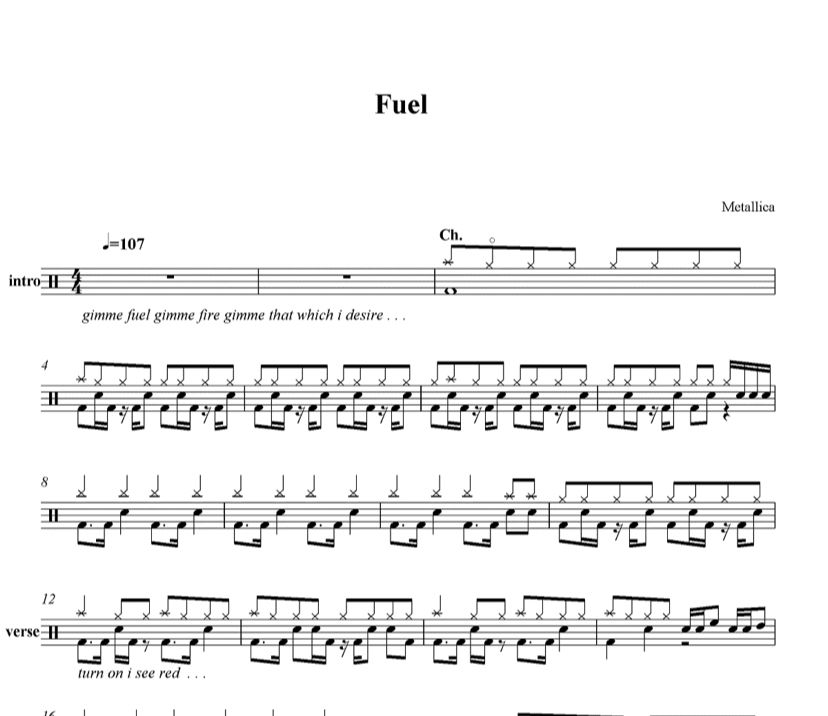 Fuel鼓谱 Metallica金属乐队-Fuel架子鼓谱