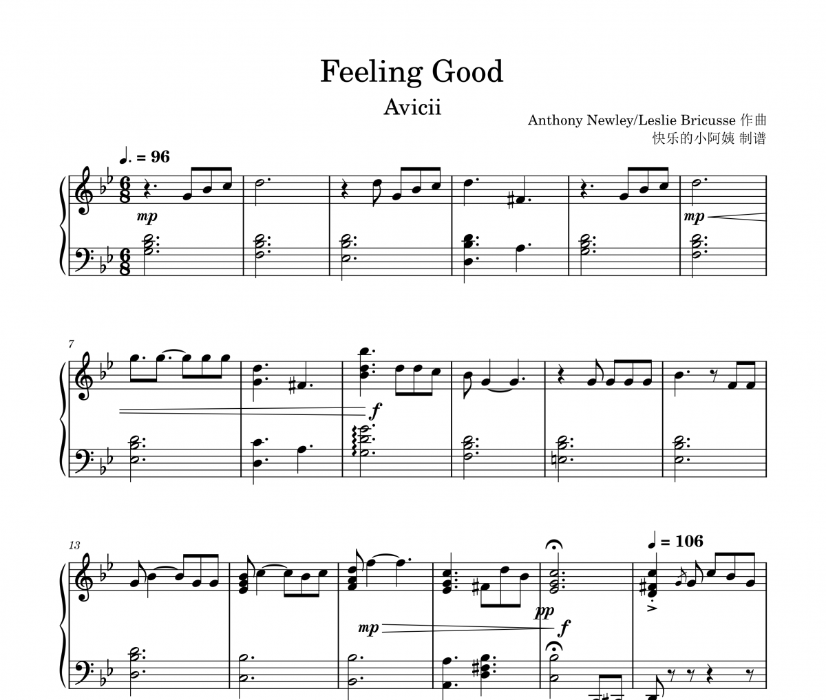 Feeling Good钢琴谱 Avicii-Feeling Good五线谱