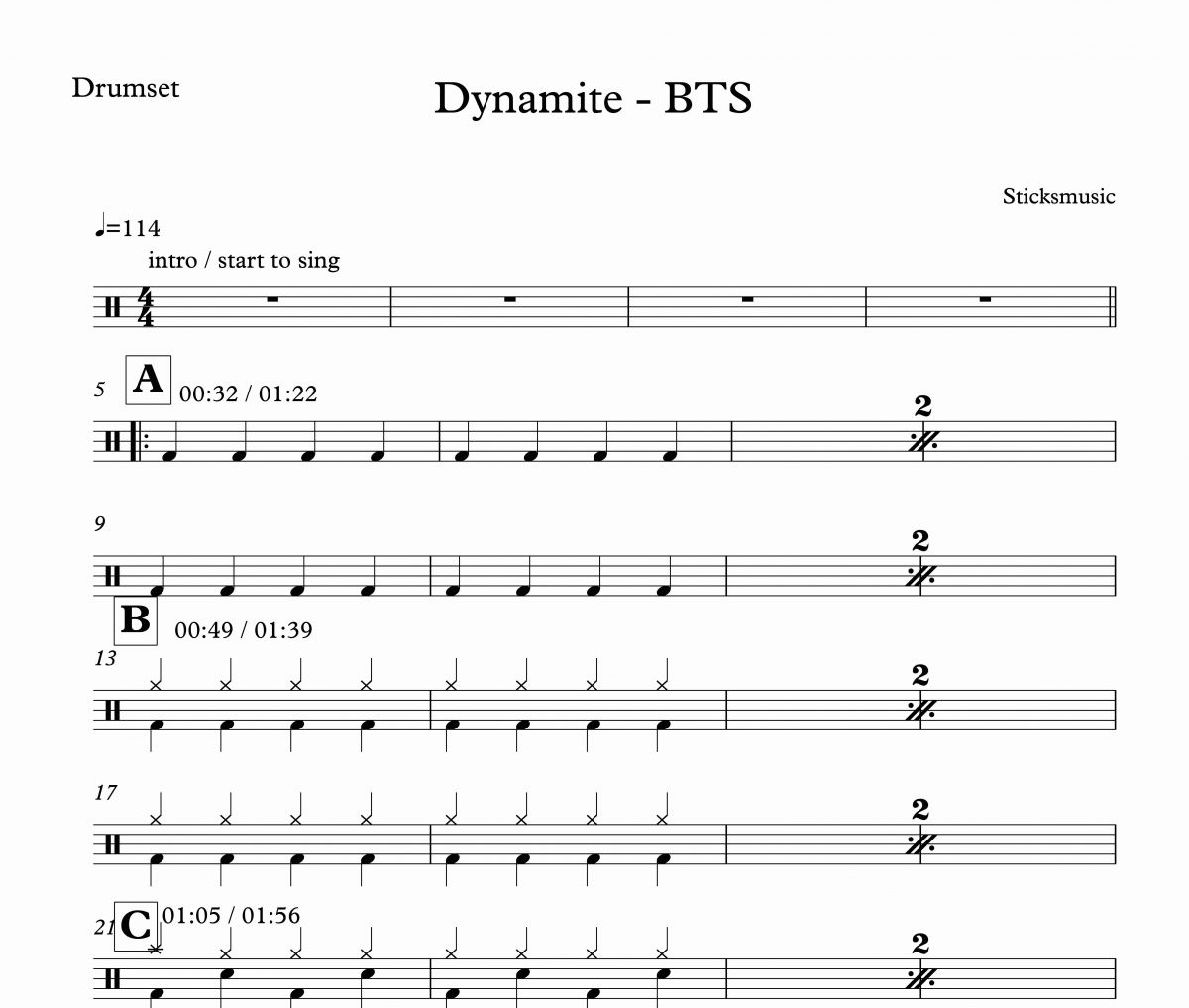 BTS-Dynamite 簡單舞場版架子鼓谱爵士鼓谱+無鼓伴奏曲
