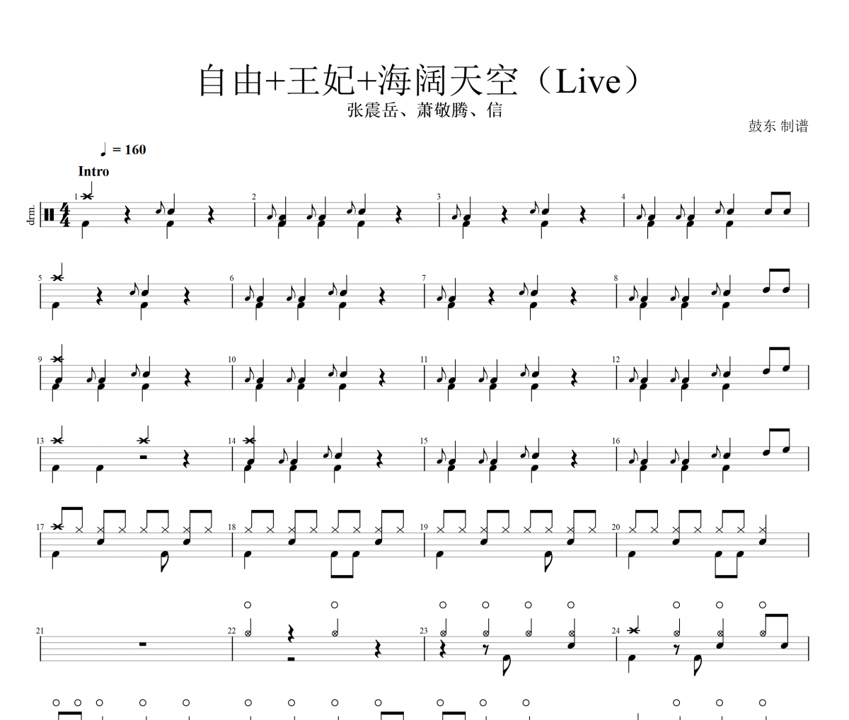 张震岳/萧敬腾/信-自由+王妃+海阔天空（Live）架子鼓谱爵士鼓曲谱