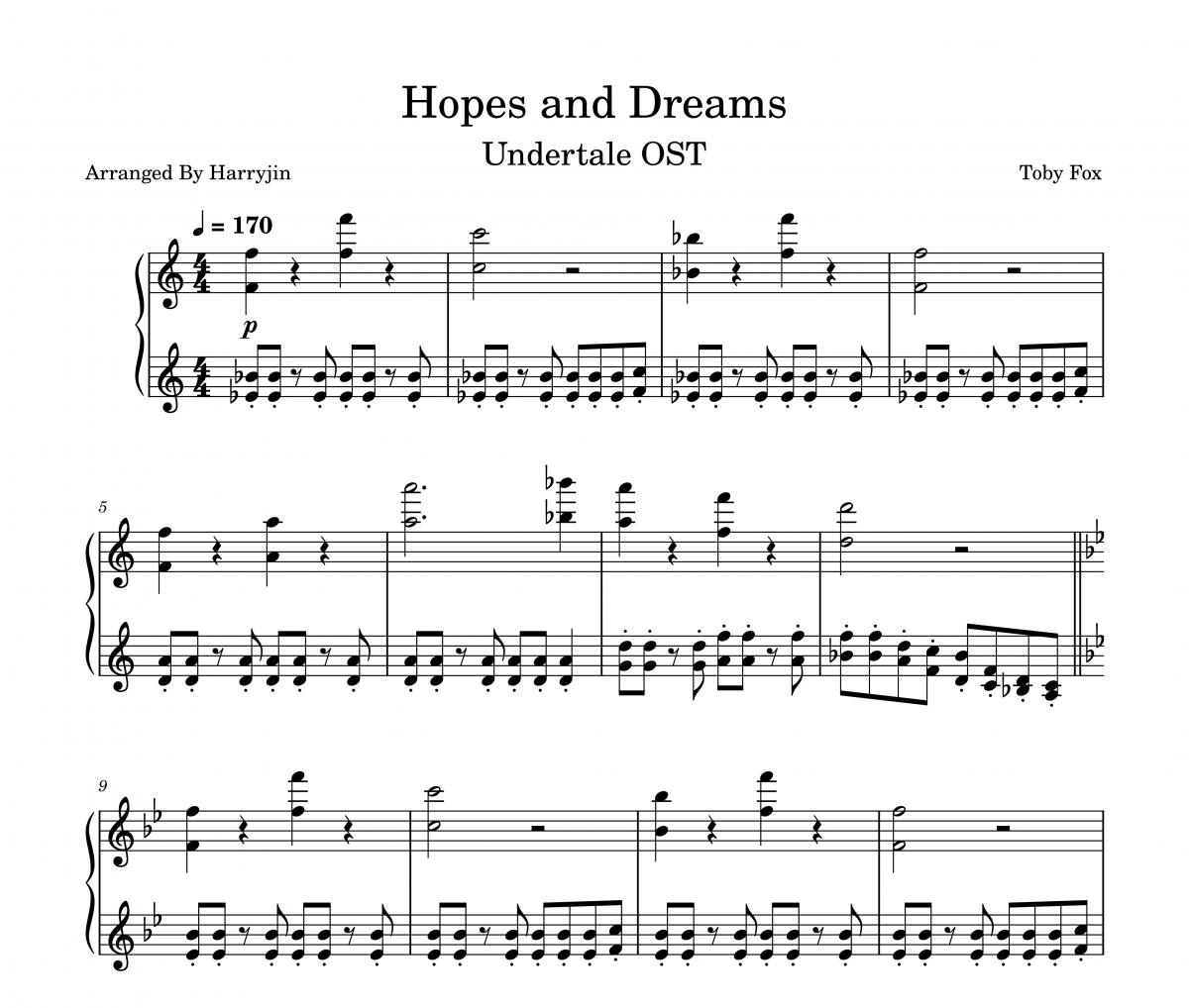 Toby Fox-Hopes and Dreams钢琴谱五线谱
