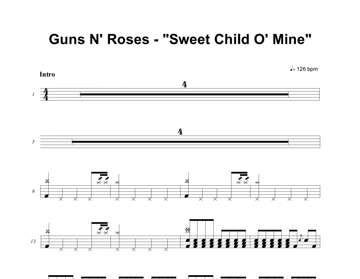 Guns N' Roses-Sweet Child o' Mine架子鼓谱爵士鼓曲谱