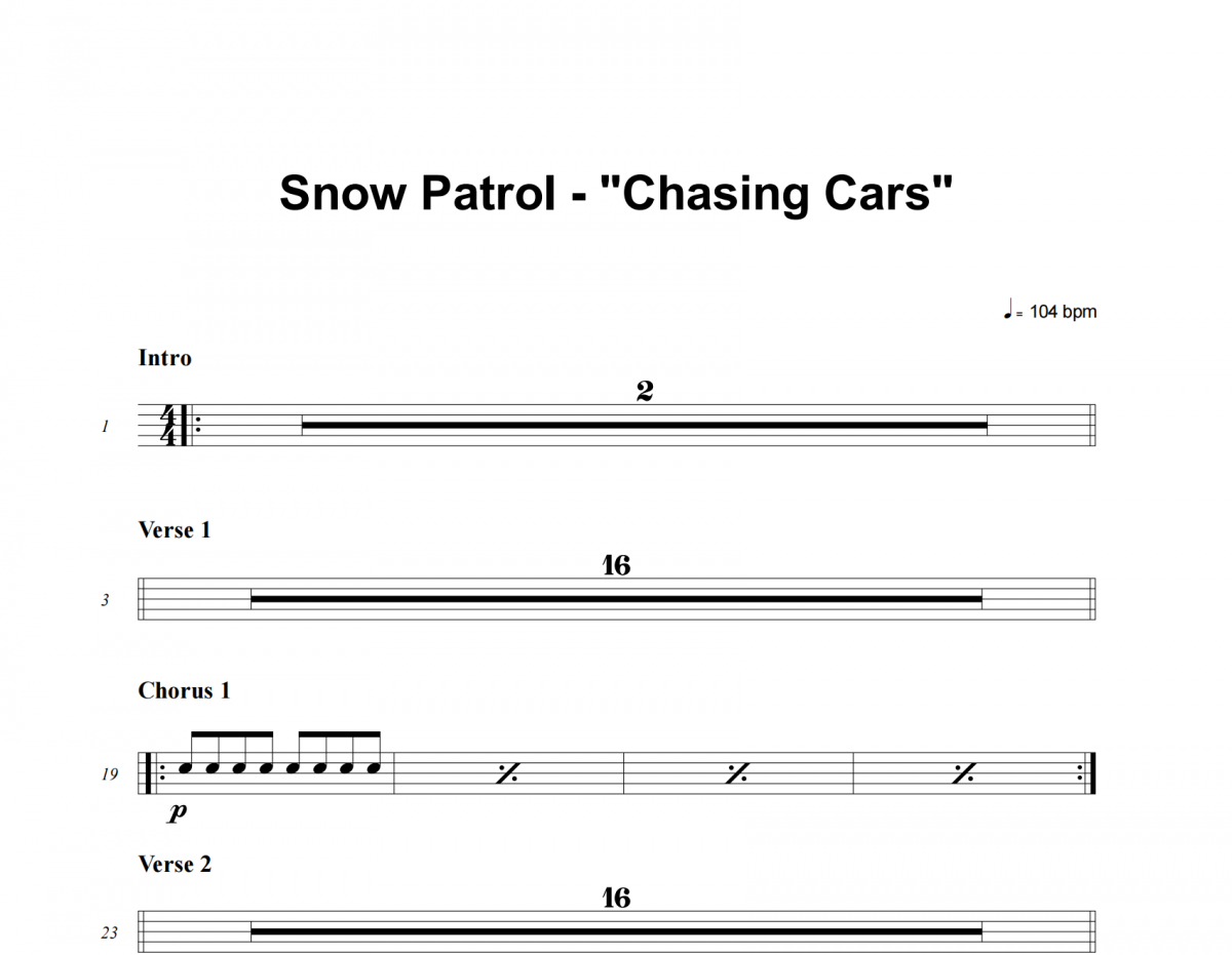 Snow Patrol-Chasing Cars架子鼓谱爵士鼓谱