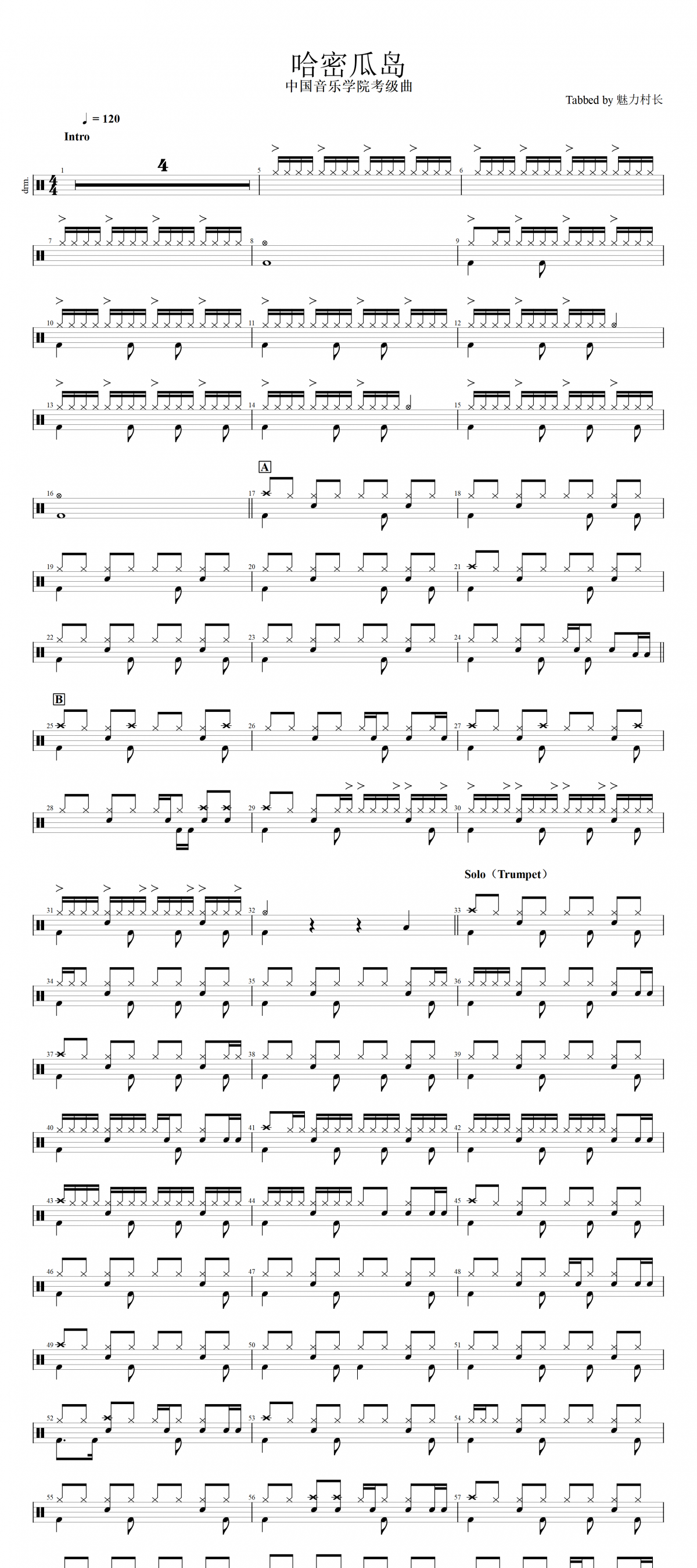 中国音乐学院考级曲《哈密瓜岛》架子鼓|爵士鼓|鼓谱+动态视频