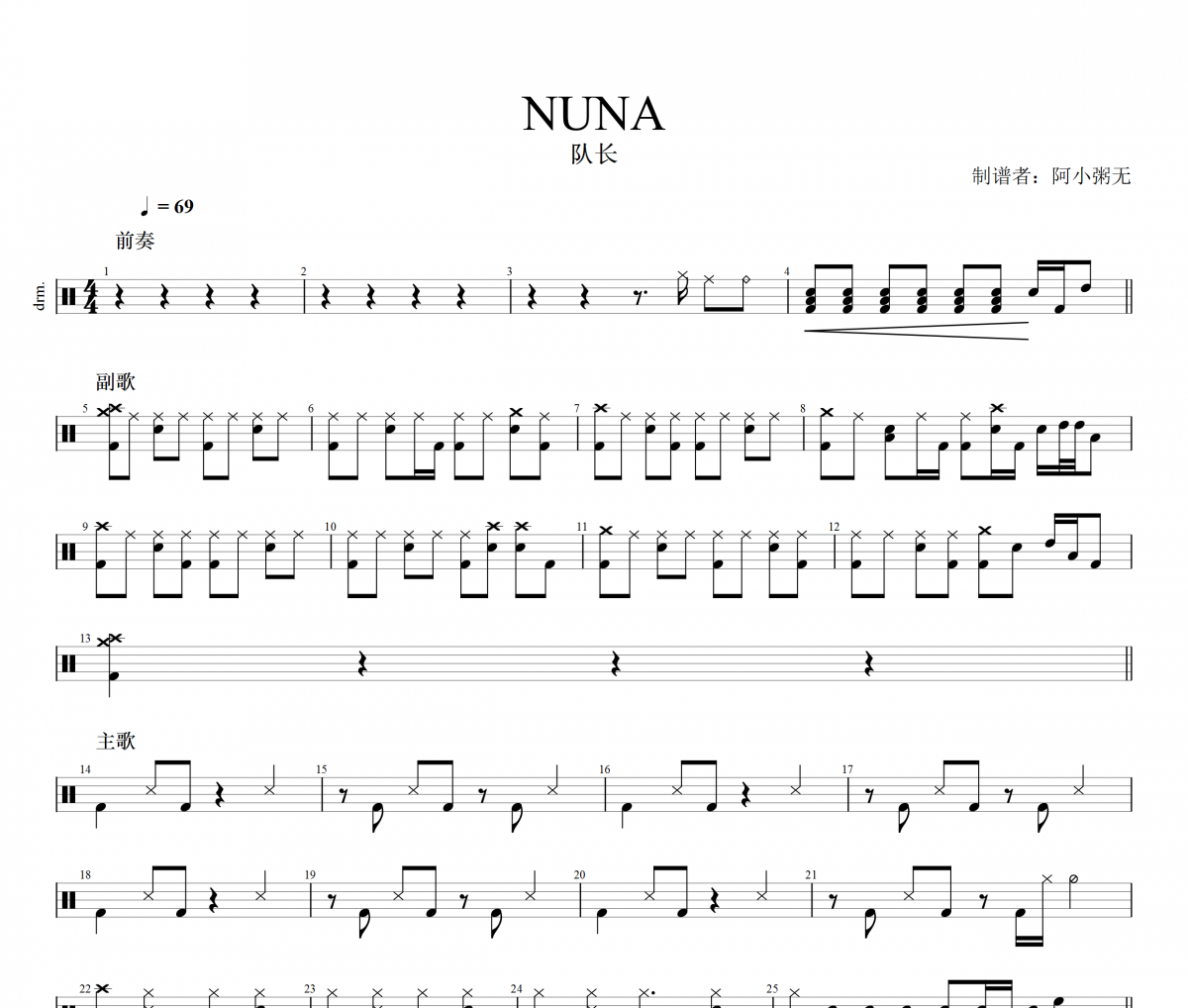 NUNA鼓谱 队长-NUNA架子鼓谱+动态视频