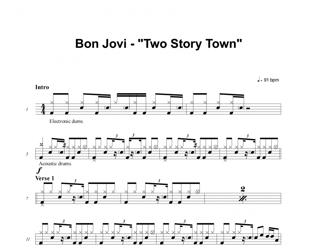 Two Story Town鼓谱 Bon Jovi-Two Story Town架子鼓|爵士鼓|鼓谱