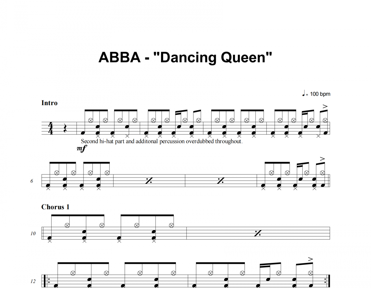 Dancing Queen鼓谱 ABBA《Dancing Queen》架子鼓|爵士鼓|鼓谱