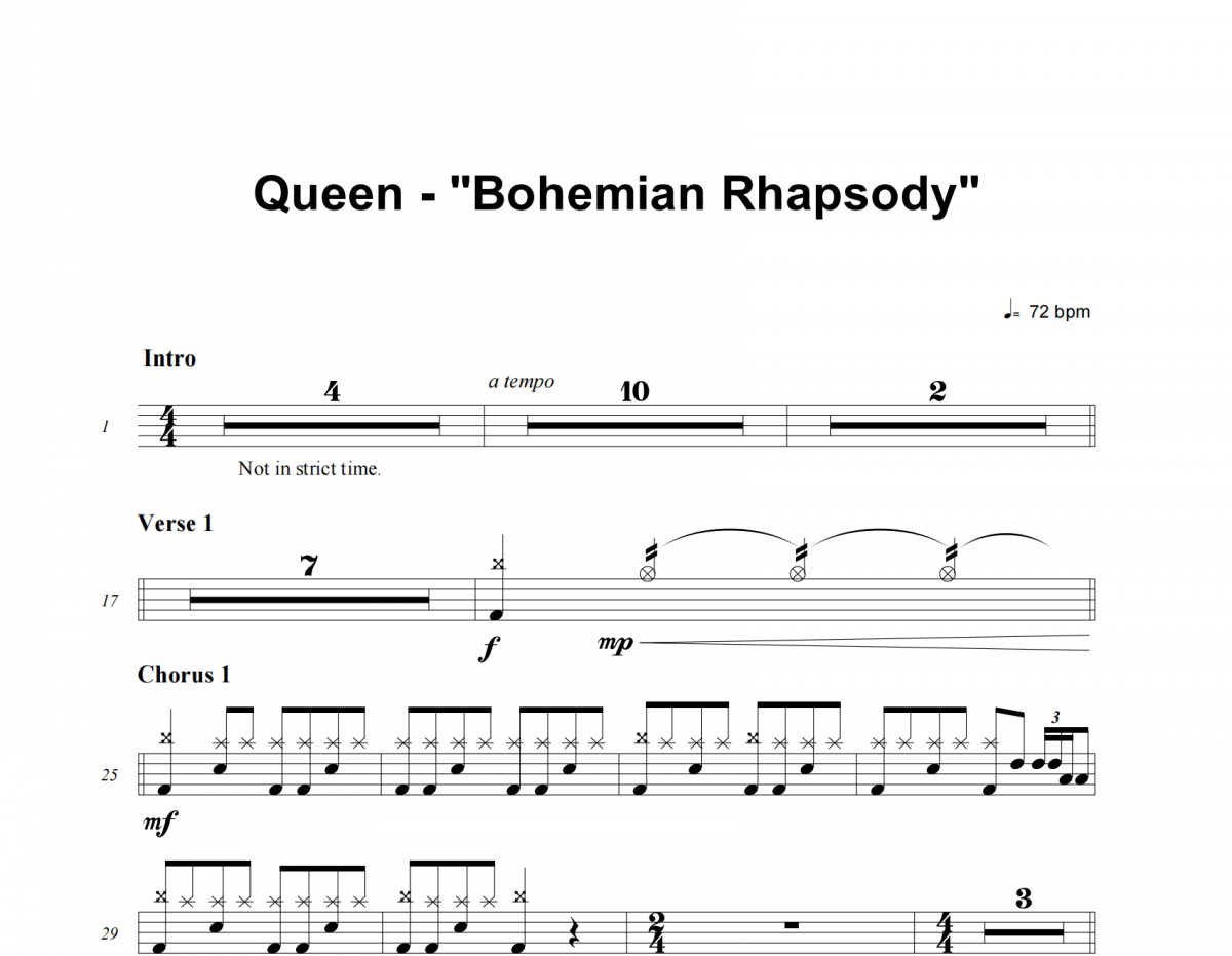 Bohemian Rhapsody鼓谱 Queen《Bohemian Rhapsody》架子鼓|爵士鼓|鼓谱
