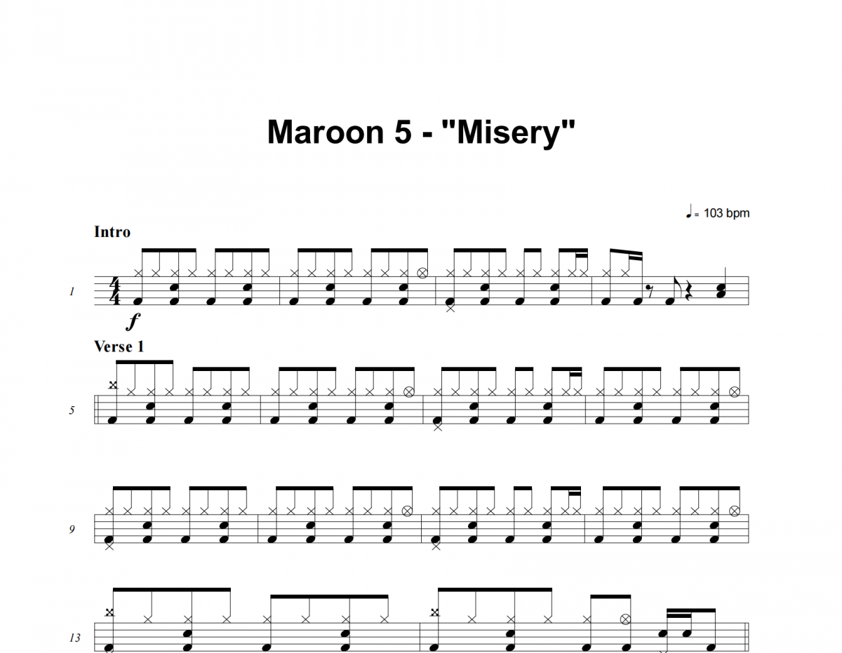 Maroon 5-Misery架子鼓|爵士鼓|鼓谱