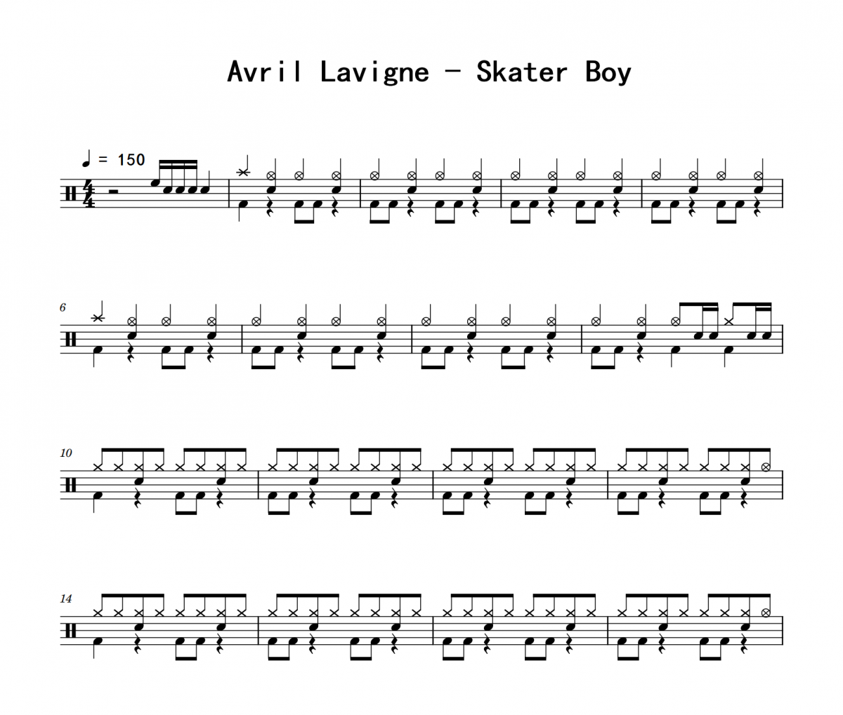 Skater Boy鼓谱 Avril Lavigne《Skater Boy》架子鼓|爵士鼓|鼓谱