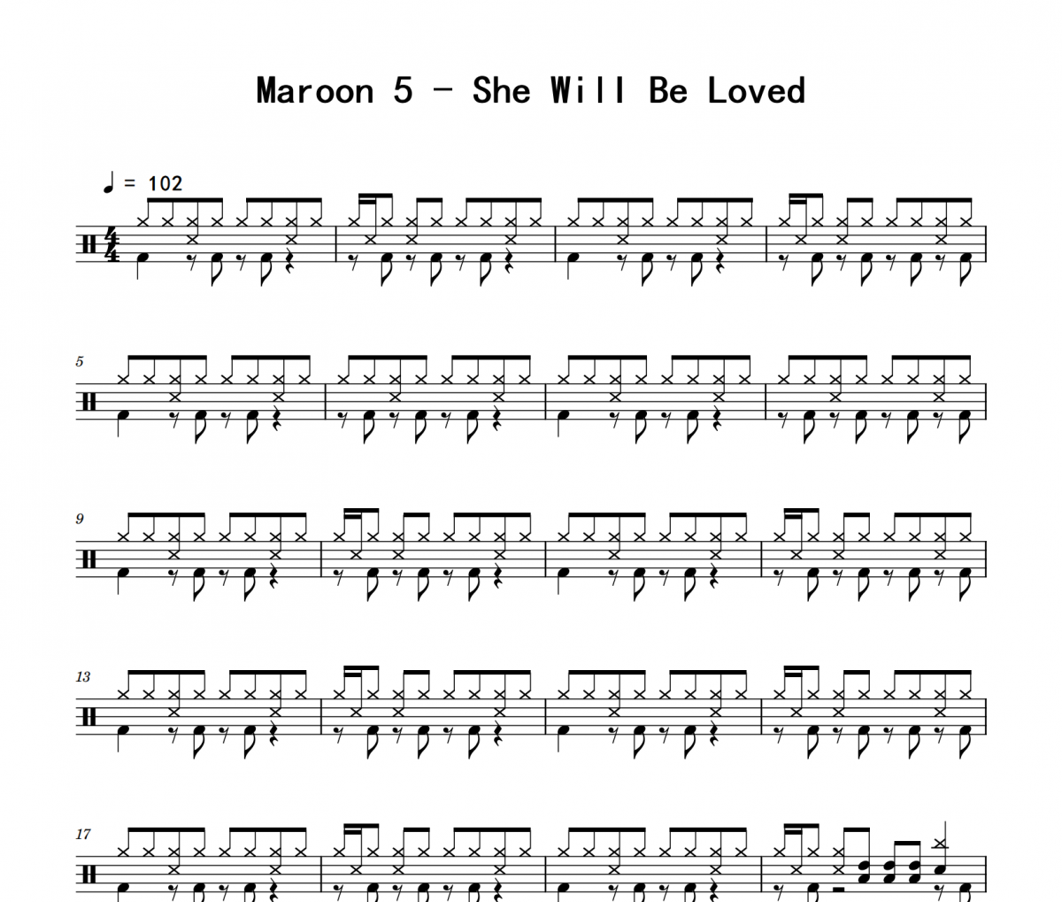Maroon 5《She Will Be Loved》架子鼓|爵士鼓|鼓谱