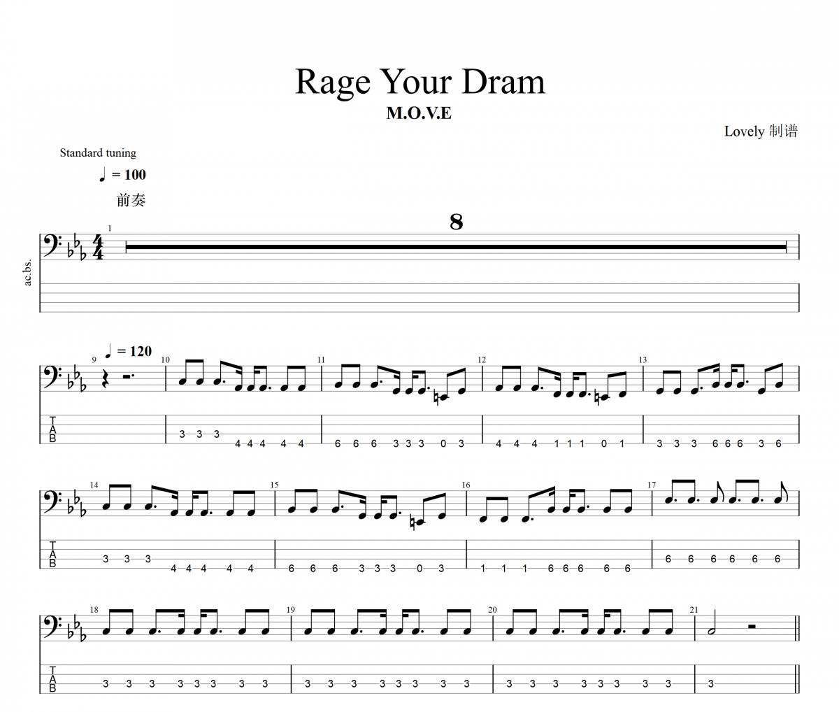 Rage your dream贝斯谱 m.o.v.e《 Rage your dream》四线谱|贝斯谱+动态视频