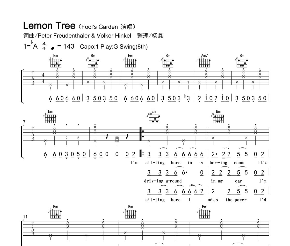 Lemon Tree吉他谱 Fool's Garden《Lemon Tree》G调弹唱谱
