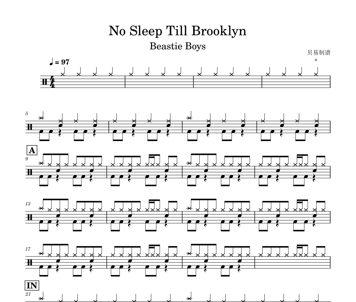 No Sleep Till Brooklyn鼓谱 Beastie Boys《No Sleep Till Brooklyn