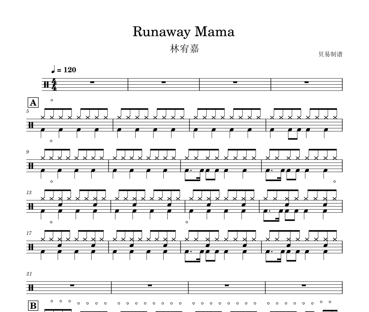 Runaway Mama鼓谱 林宥嘉《Runaway Mama》架子鼓|爵士鼓|鼓谱