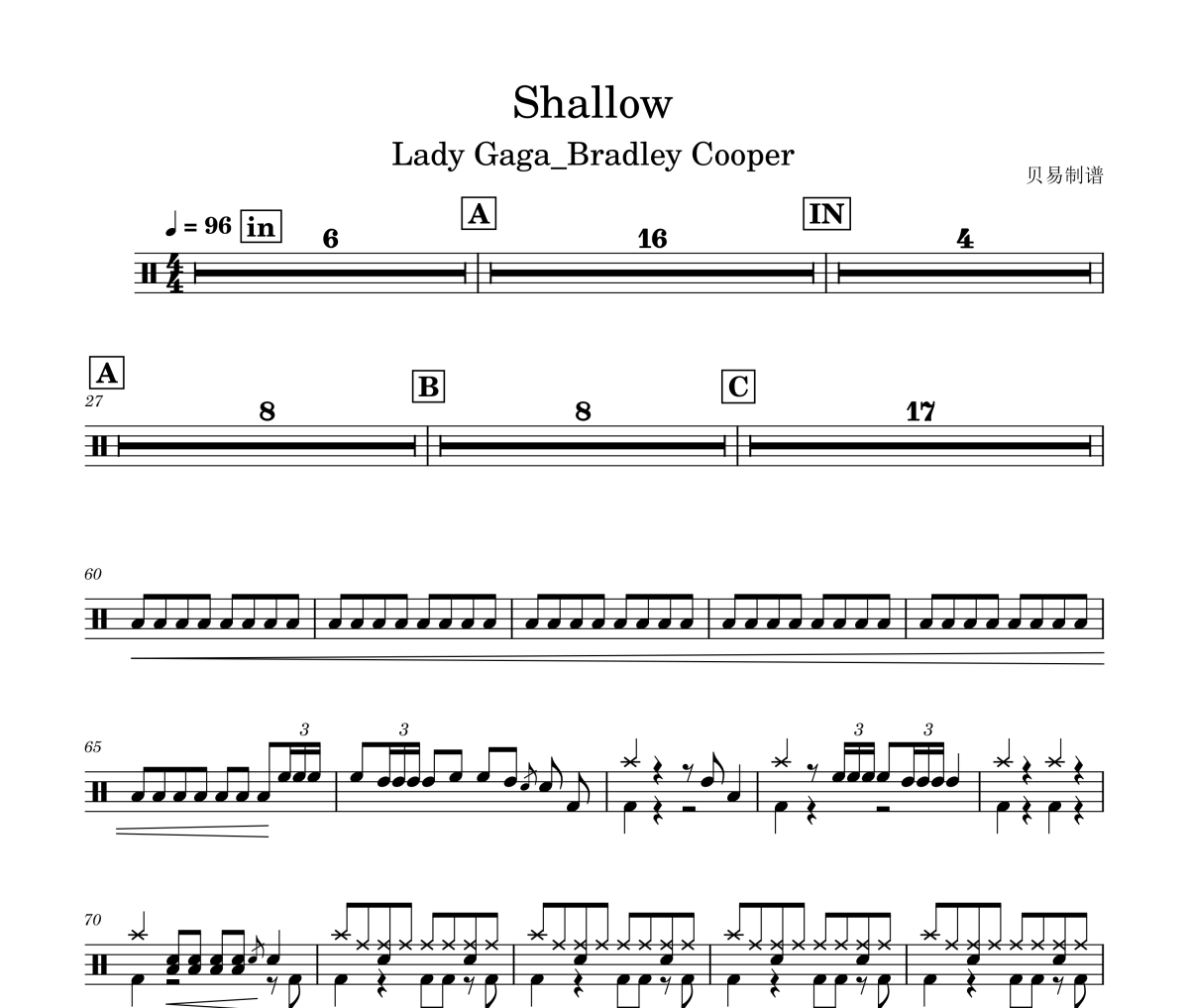 Shallow鼓谱 Lady Gaga&Bradley Cooper《Shallow》架子鼓|爵士鼓|鼓谱