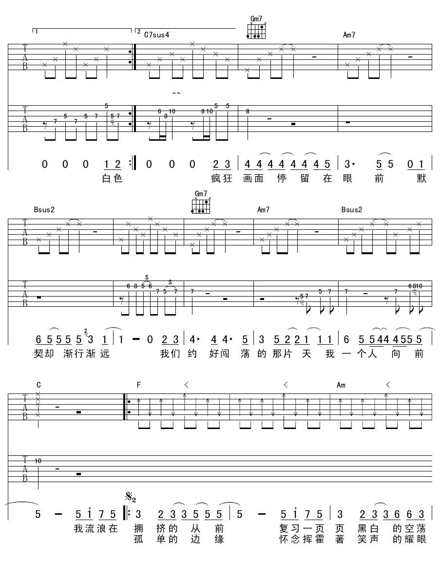 《一个人流浪》吉他谱六线谱F调-飞轮海
