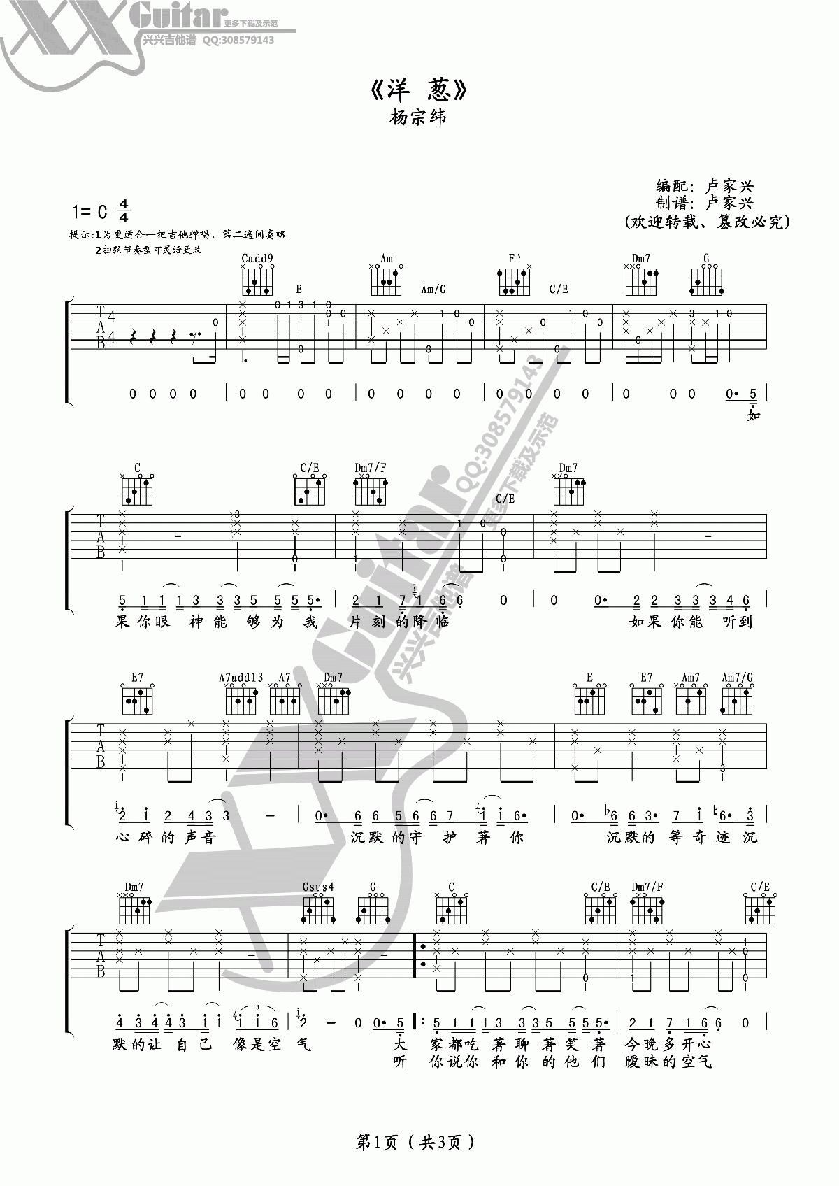 《洋葱》吉他谱六线谱C调4/4拍节奏_杨宗纬