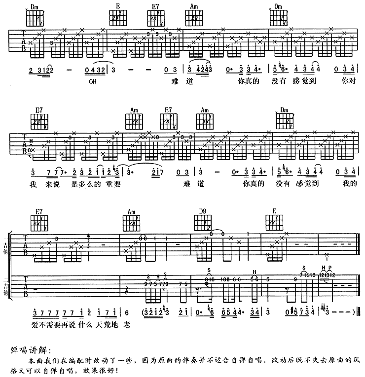 《难道》吉他谱六线谱C调4/4拍节奏_羽泉
