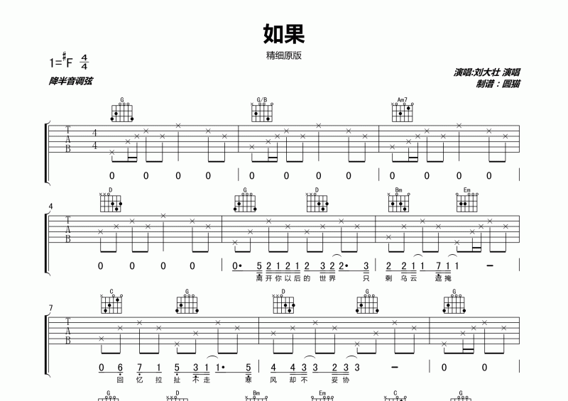 刘大壮 如果吉他谱六线谱 精细完美原版#F调