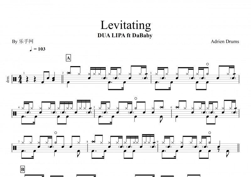 Levitating鼓谱 DUA LIPA ft DaBaby-Levitating架子鼓谱 