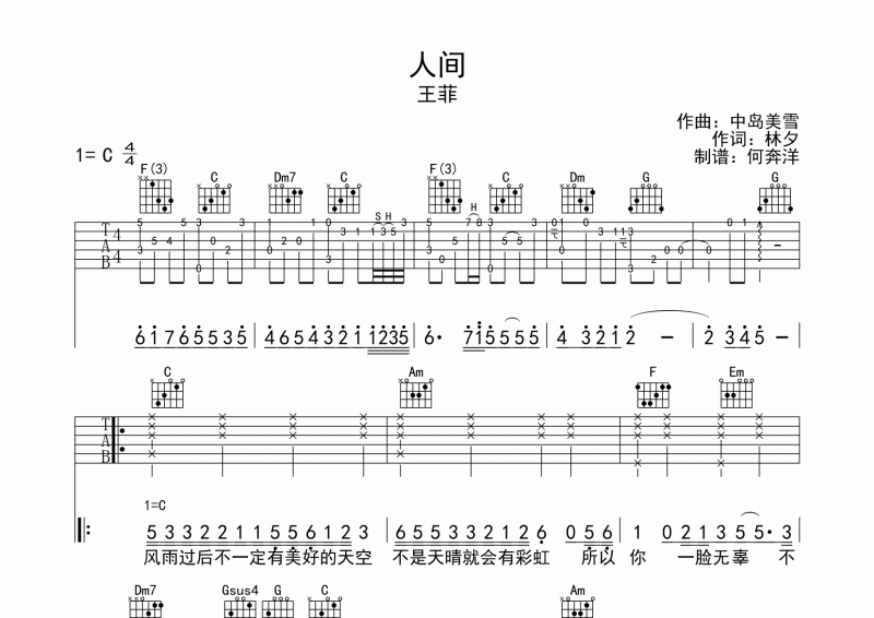 王菲-人间吉他谱六线谱C调弹唱谱