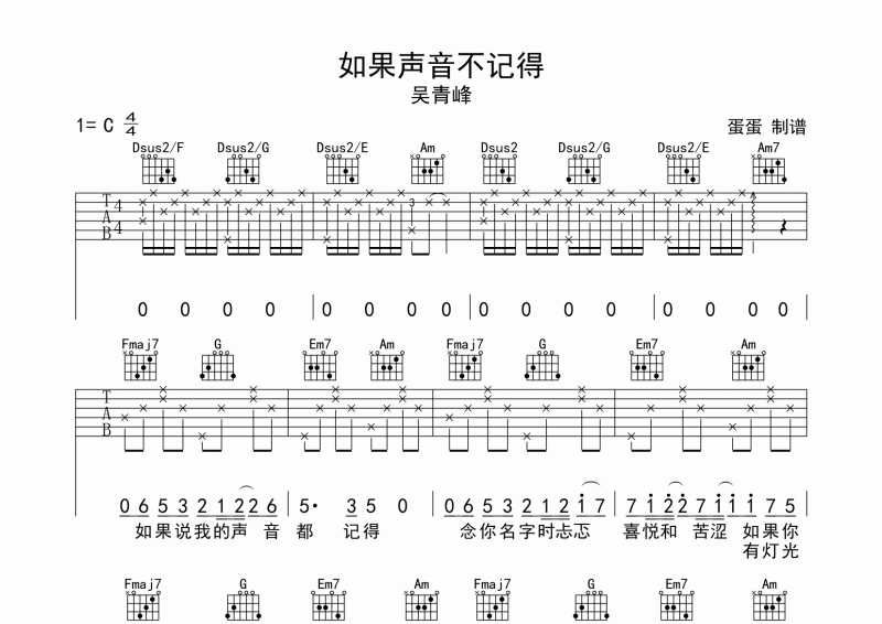 吴青峰-如果声音不记得吉他谱C调六线谱