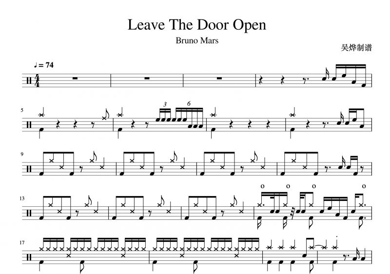 Bruno Mars/火星哥-Leave The Door Open架子鼓谱爵士鼓曲谱