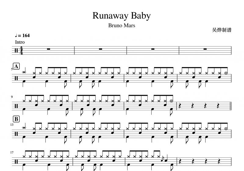 Bruno Mars/火星哥-Runaway Baby架子鼓谱