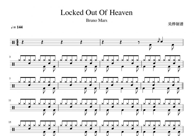 Bruno Mars/火星哥-Locked Out Of Heaven架子鼓谱爵士鼓曲谱