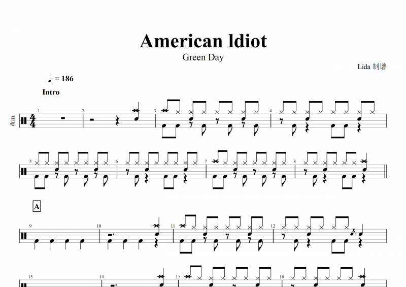 American ldiot鼓谱 绿日Green Day《American ldiot》架子鼓谱