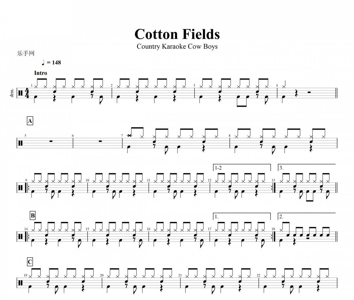 Cotton Fields鼓谱 Country Karaoke Cow Boys-Cotton Fields架子鼓谱