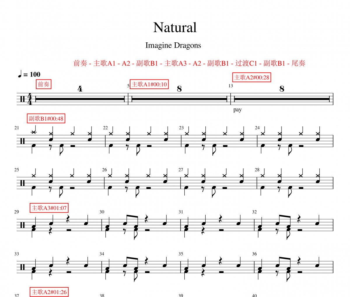 natural鼓谱 Imagine Dragons-natural架子鼓谱