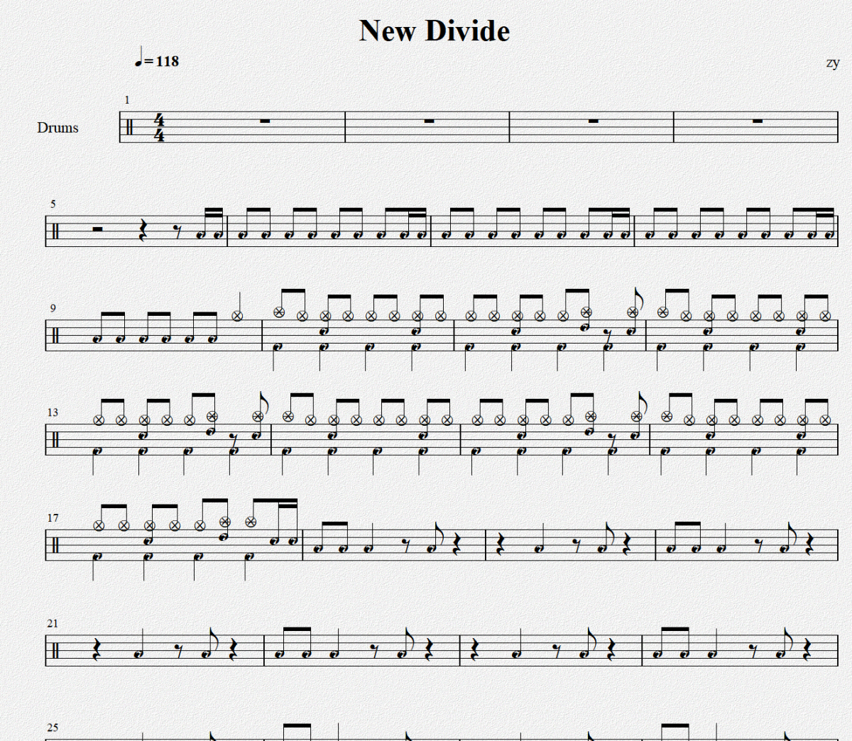 New Divide鼓谱 LINKIN PARK-New Divide架子鼓谱