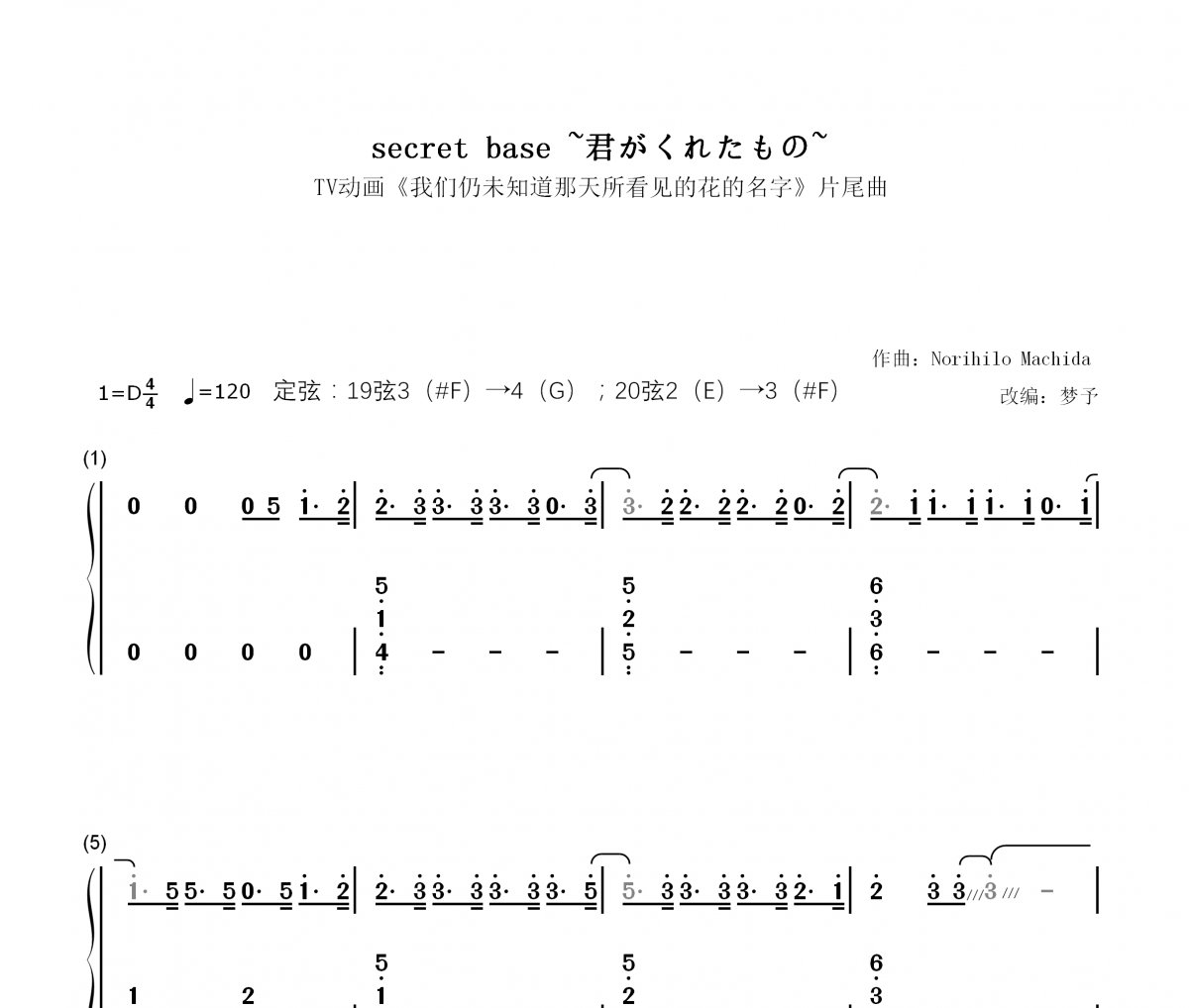 《secret base~君がくれたもの~》（《未闻花名》片尾曲）纯筝数字双手简谱梦予古筝