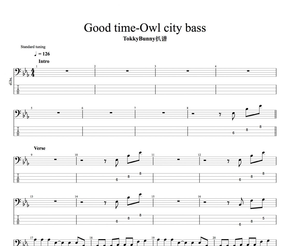Good time贝斯谱 Owl city-Good time贝司BASS谱
