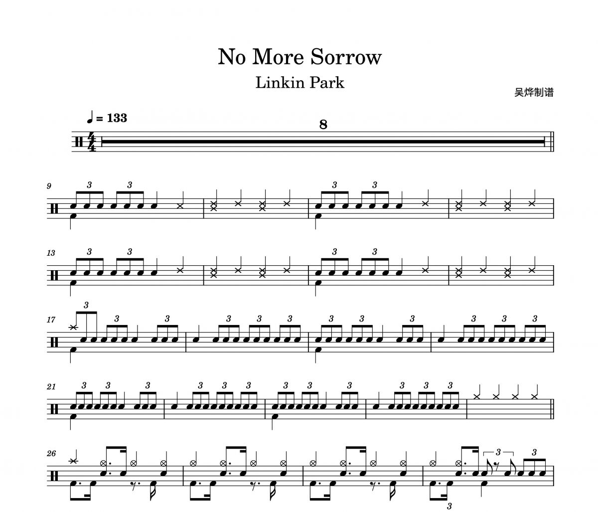 No More Sorrow鼓谱 Linkin Park/林肯公园-No More Sorrow架子鼓谱
