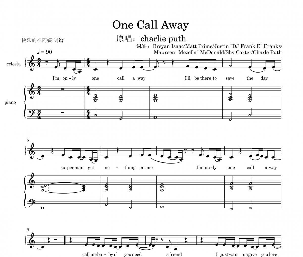 One Call Away钢琴谱 charlie puth-One Call Away五线谱