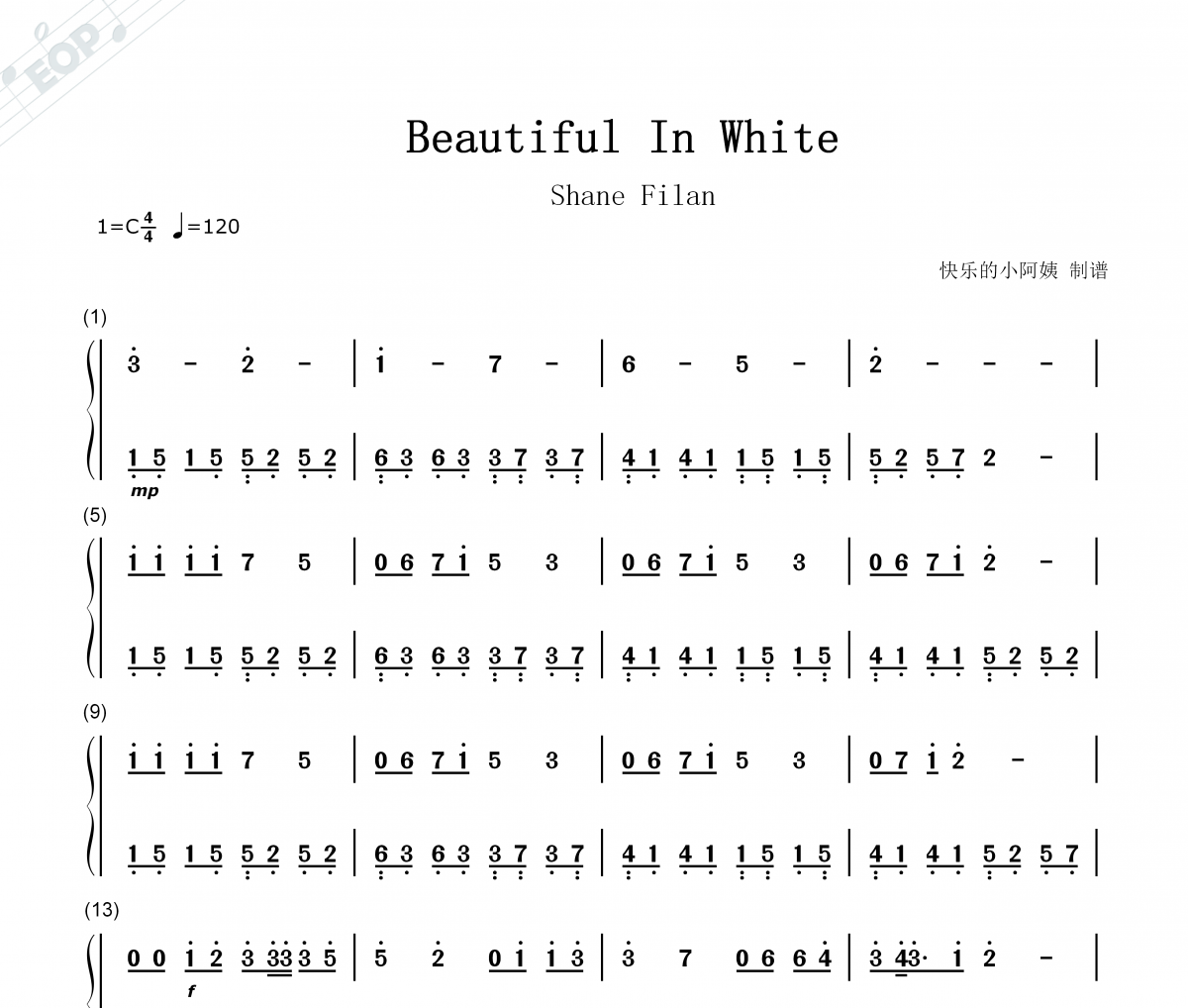 Shane Filan-Beautiful In White（双手简谱）钢琴谱