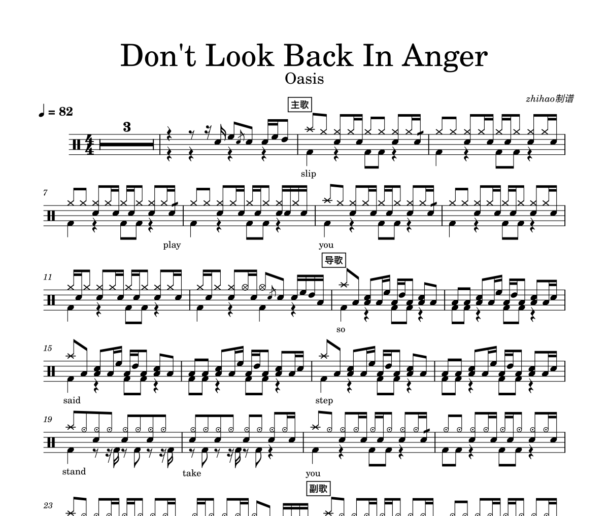 Oasis-Don‘t Look Back In Anger架子鼓谱爵士鼓曲谱