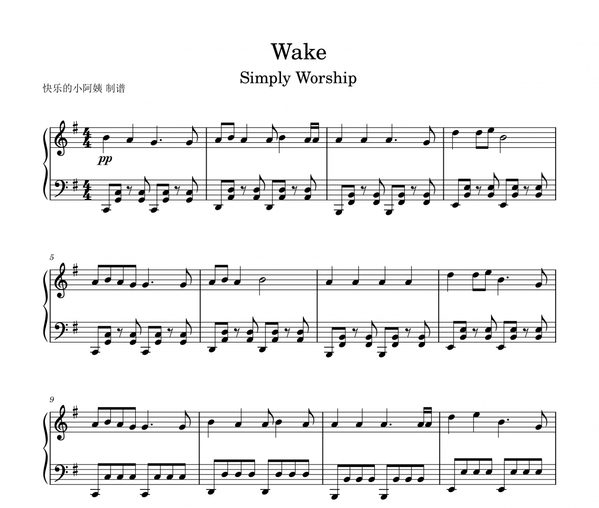 Simply Worship-Wake钢琴谱五线谱