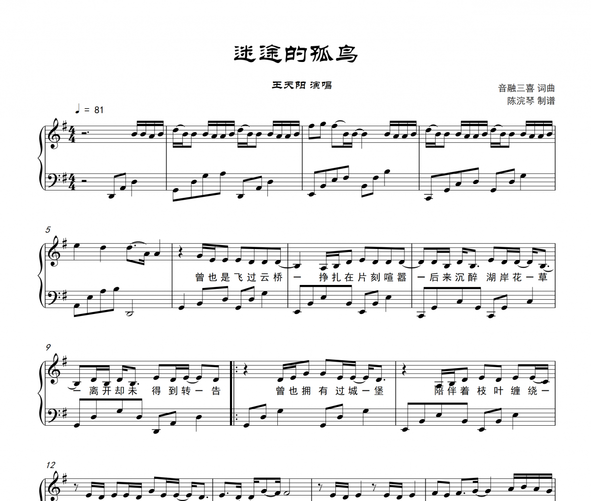 王天阳-迷途的孤鸟G调钢琴谱五线谱