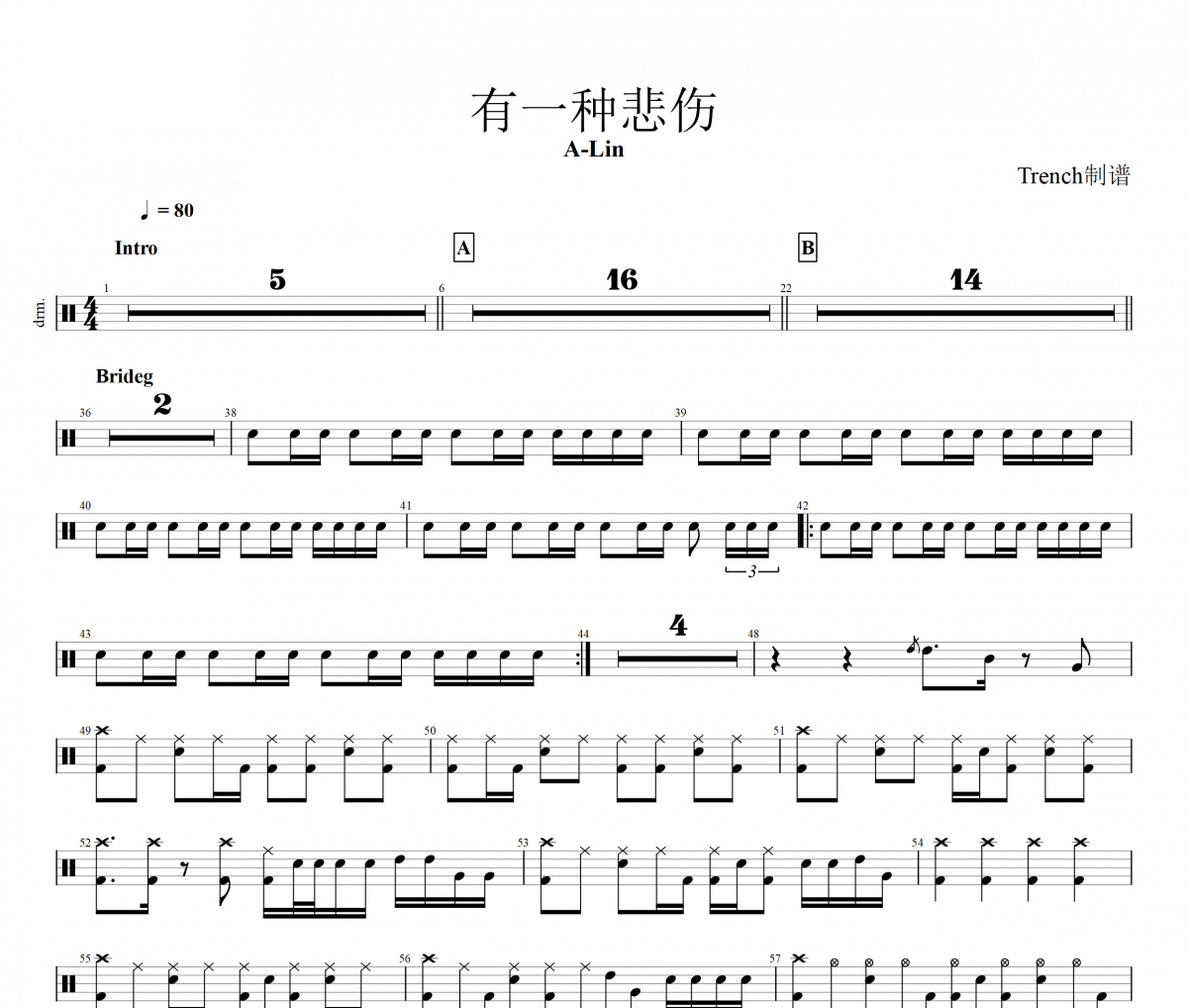 A-Lin-有一种悲伤架子鼓谱爵士鼓曲谱