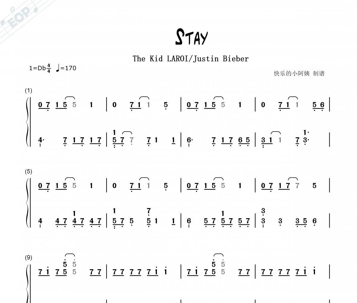 Stay钢琴谱 Justin Bieber/The Kid LAROI-Stay（双手简谱）