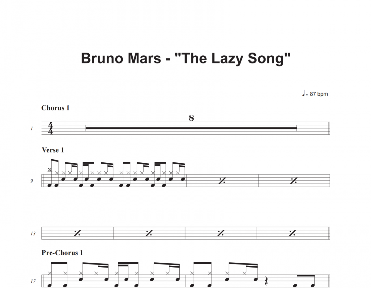 Bruno Mars-The Lazy Song架子鼓谱爵士鼓谱 老虎不说谎制谱